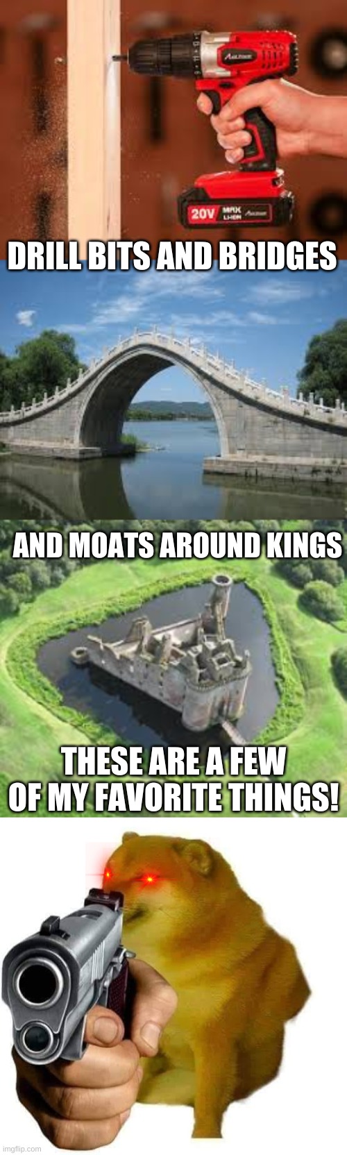 I don't expect anyone but waklord to get this | DRILL BITS AND BRIDGES; AND MOATS AROUND KINGS; THESE ARE A FEW OF MY FAVORITE THINGS! | image tagged in gun cheems,sound of music,cheems-memes | made w/ Imgflip meme maker