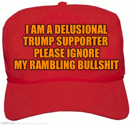Red Hat | I AM A DELUSIONAL TRUMP SUPPORTER 
PLEASE IGNORE MY RAMBLING BULLSHIT | image tagged in red hat | made w/ Imgflip meme maker