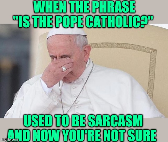 Pope Face Palm | WHEN THE PHRASE "IS THE POPE CATHOLIC?" USED TO BE SARCASM AND NOW YOU'RE NOT SURE | image tagged in pope face palm | made w/ Imgflip meme maker