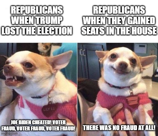 It's funny how the presidential race was the only one with "voter fraud"... | REPUBLICANS WHEN TRUMP LOST THE ELECTION; REPUBLICANS WHEN THEY GAINED SEATS IN THE HOUSE; JOE BIDEN CHEATED! VOTER FRAUD, VOTER FRAUD, VOTER FRAUD! THERE WAS NO FRAUD AT ALL! | image tagged in angry chihuahua happy chihuahua | made w/ Imgflip meme maker