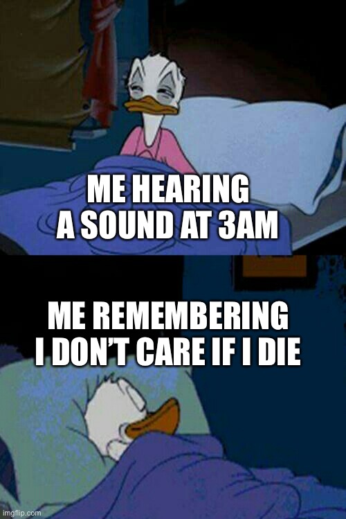 Me every night | ME HEARING A SOUND AT 3AM; ME REMEMBERING I DON’T CARE IF I DIE | image tagged in sleepy donald duck in bed | made w/ Imgflip meme maker