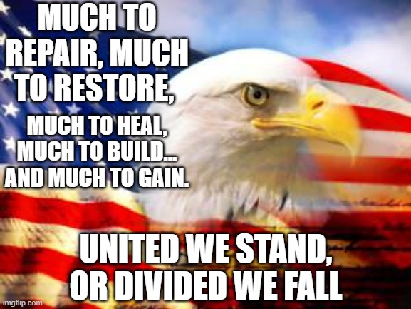 Biden Inauguration speech | MUCH TO REPAIR, MUCH TO RESTORE, MUCH TO HEAL, MUCH TO BUILD... AND MUCH TO GAIN. UNITED WE STAND, OR DIVIDED WE FALL | image tagged in american flag | made w/ Imgflip meme maker