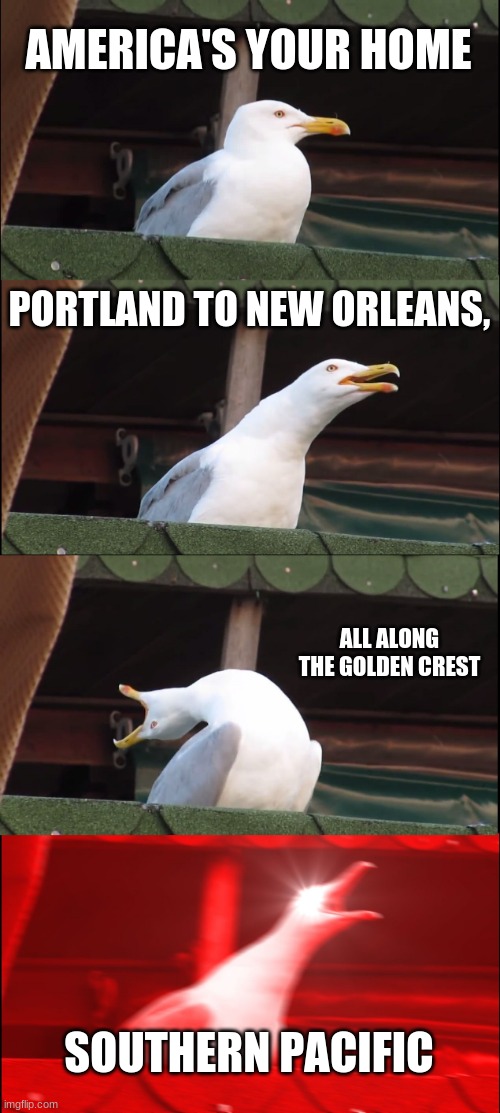 Inhaling Seagull Meme | AMERICA'S YOUR HOME; PORTLAND TO NEW ORLEANS, ALL ALONG THE GOLDEN CREST; SOUTHERN PACIFIC | image tagged in memes,inhaling seagull | made w/ Imgflip meme maker