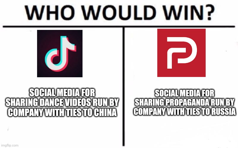 Who Would Win? | SOCIAL MEDIA FOR SHARING DANCE VIDEOS RUN BY COMPANY WITH TIES TO CHINA; SOCIAL MEDIA FOR SHARING PROPAGANDA RUN BY COMPANY WITH TIES TO RUSSIA | image tagged in memes,who would win | made w/ Imgflip meme maker