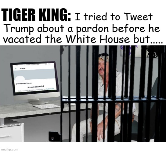 TIGER KING:; I tried to Tweet; Trump about a pardon before he; vacated the White House but..... COVELL BELLAMY III | image tagged in tiger king trying to get pardoned trump account suspended | made w/ Imgflip meme maker