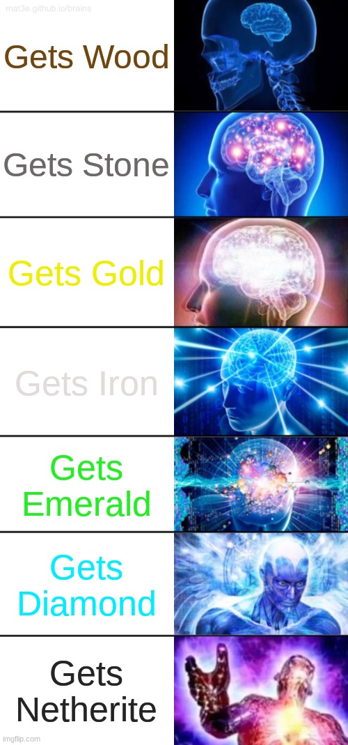 Minecraft ore thing. | Gets Wood; Gets Stone; Gets Gold; Gets Iron; Gets Emerald; Gets Diamond; Gets Netherite | image tagged in 7-tier expanding brain,minecraft | made w/ Imgflip meme maker