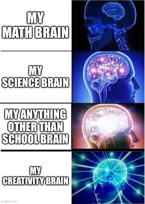 Expanding Brain Meme | MY MATH BRAIN; MY SCIENCE BRAIN; MY ANYTHING OTHER THAN SCHOOL BRAIN; MY CREATIVITY BRAIN | image tagged in memes,expanding brain | made w/ Imgflip meme maker