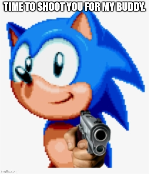 Sonic gun pointed | TIME TO SHOOT YOU FOR MY BUDDY. | image tagged in sonic gun pointed | made w/ Imgflip meme maker