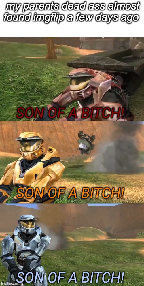 my parents dead ass almost found imgflip a few days ago | image tagged in blank white template,son of a bitch rvb | made w/ Imgflip meme maker
