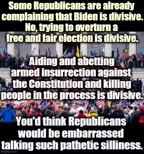 After four years of Trump's hyper-partisanship, Republicans aren't allowed to accuse other people of divisiveness. | Some Republicans are already 
complaining that Biden is divisive.
No, trying to overturn a 
free and fair election is divisive. Aiding and abetting armed insurrection against 
the Constitution and killing people in the process is divisive. You'd think Republicans 
would be embarrassed 
talking such pathetic silliness. | image tagged in gop,republicans,division | made w/ Imgflip meme maker