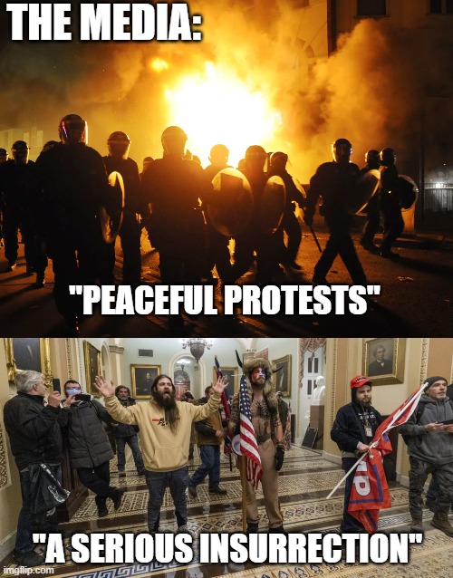 They really do think you're this stupid | THE MEDIA:; "PEACEFUL PROTESTS"; "A SERIOUS INSURRECTION" | image tagged in media,fake news,peaceful protests,insurrection | made w/ Imgflip meme maker