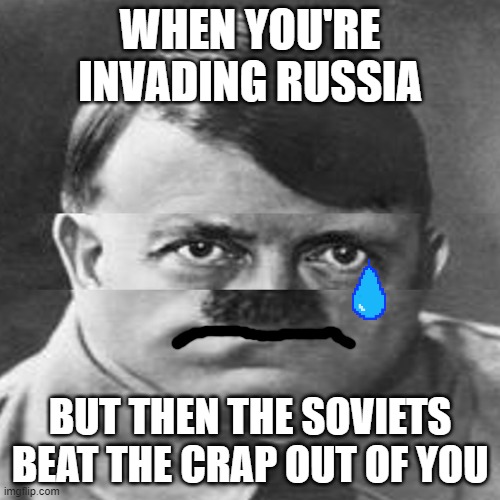 Squished Hitler | WHEN YOU'RE INVADING RUSSIA; BUT THEN THE SOVIETS BEAT THE CRAP OUT OF YOU | image tagged in squished hitler | made w/ Imgflip meme maker