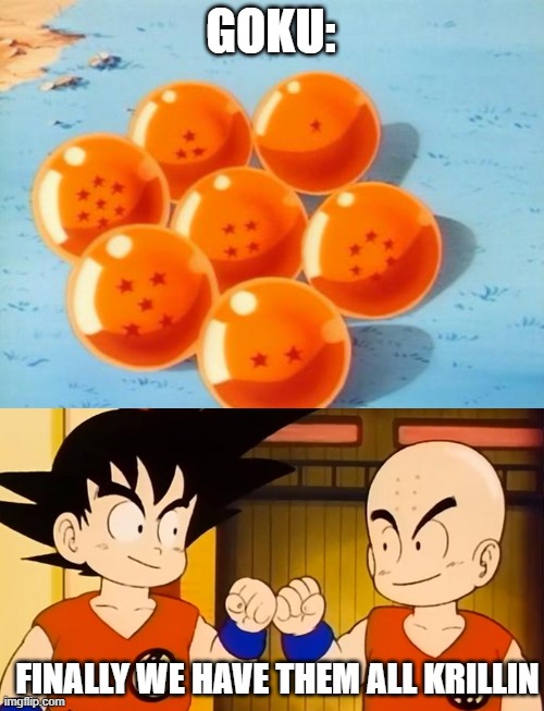 Best friends be like | GOKU:; FINALLY WE HAVE THEM ALL KRILLIN | image tagged in dragonballs,gkusfrend | made w/ Imgflip meme maker