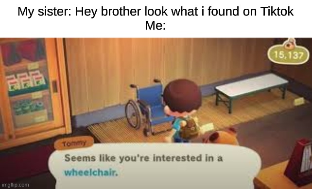 Based on a true story |  My sister: Hey brother look what i found on Tiktok
Me: | image tagged in tiktok sucks,memes,funny,gifs,charts,seems like your intrested in a wheelchair | made w/ Imgflip meme maker