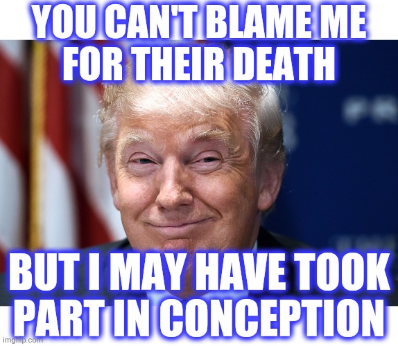 Trump smiles | YOU CAN'T BLAME ME
 FOR THEIR DEATH BUT I MAY HAVE TOOK
PART IN CONCEPTION | image tagged in trump smiles | made w/ Imgflip meme maker