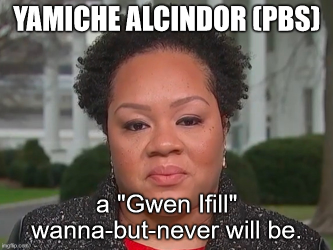 Yamiche Alcindor - You're No Gwen Ifill. | YAMICHE ALCINDOR (PBS); a "Gwen Ifill" wanna-but-never will be. | image tagged in yamiche alcindor,pbs,racist,fake news,gwen ifill wannabe,far left | made w/ Imgflip meme maker