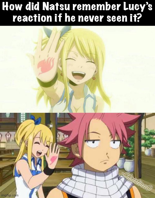 Lucy’s Guild Mark | How did Natsu remember Lucy’s reaction if he never seen it? | image tagged in fairy tail,fairy tail meme,fairy tail guild,fairy tail guild mark,lucy heartfilia,natsu fairytail | made w/ Imgflip meme maker