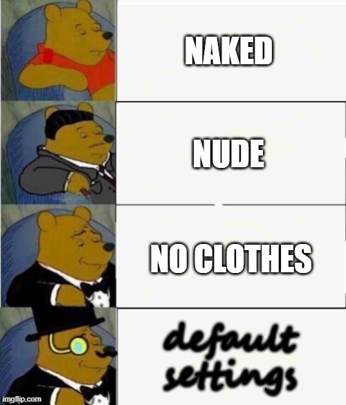 wait what | NAKED; NUDE; NO CLOTHES; default settings | image tagged in tuxedo winnie the pooh 4 panel | made w/ Imgflip meme maker