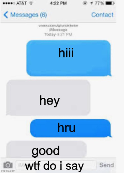 hate these moments | hiii; hey; hru; good; wtf do i say | image tagged in blank text conversation | made w/ Imgflip meme maker