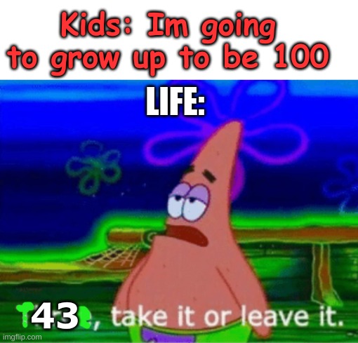 and this is probably what i will be thinking at my deathbed: | Kids: Im going to grow up to be 100; LIFE:; 43 | image tagged in blank white template | made w/ Imgflip meme maker
