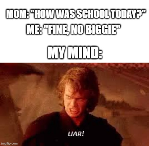 Too true |  MOM: "HOW WAS SCHOOL TODAY?"; ME: "FINE, NO BIGGIE"; MY MIND: | image tagged in anakin liar,lies,too true,school,life sucks | made w/ Imgflip meme maker