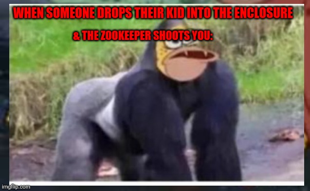 WHEN SOMEONE DROPS THEIR KID INTO THE ENCLOSURE; & THE ZOOKEEPER SHOOTS YOU: | image tagged in spongebob,harambe | made w/ Imgflip meme maker