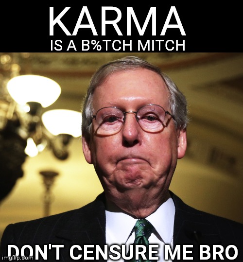 Don't Censure Me Bro | KARMA; IS A B%TCH MITCH; DON'T CENSURE ME BRO | image tagged in rhino,never trump,mitch mcconnell,censure,karma's a bitch,republicans | made w/ Imgflip meme maker