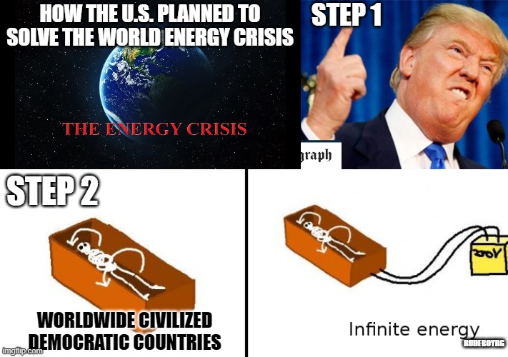 U.S. Solves Energy Crisis | STEP 1; HOW THE U.S. PLANNED TO SOLVE THE WORLD ENERGY CRISIS; STEP 2; WORLDWIDE CIVILIZED DEMOCRATIC COUNTRIES; RUDEBOYRG | image tagged in energy crisis,turning in grave,trump | made w/ Imgflip meme maker