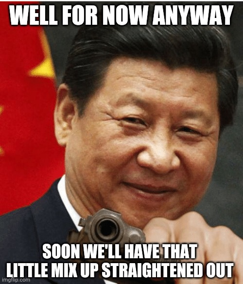 Xi Jinping | WELL FOR NOW ANYWAY SOON WE'LL HAVE THAT LITTLE MIX UP STRAIGHTENED OUT | image tagged in xi jinping | made w/ Imgflip meme maker