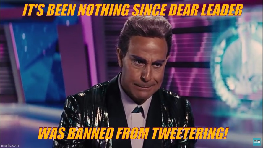 Caesar Flickerman | IT'S BEEN NOTHING SINCE DEAR LEADER WAS BANNED FROM TWEETERING! | image tagged in caesar flickerman | made w/ Imgflip meme maker