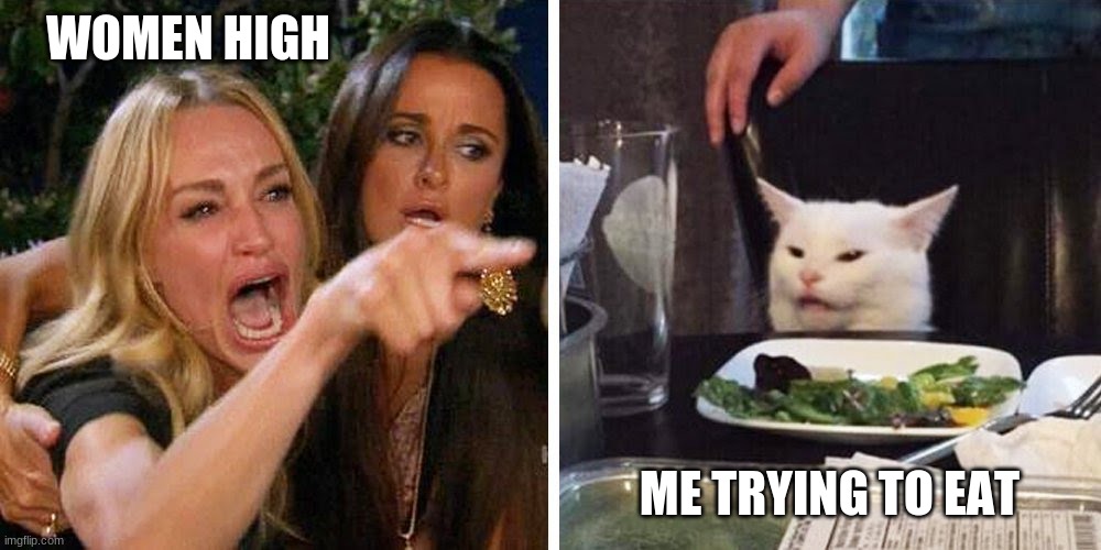 Smudge the cat | WOMEN HIGH; ME TRYING TO EAT | image tagged in smudge the cat | made w/ Imgflip meme maker