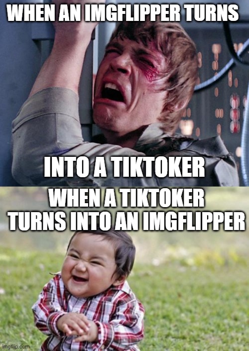 whasup bruh | WHEN AN IMGFLIPPER TURNS; INTO A TIKTOKER; WHEN A TIKTOKER TURNS INTO AN IMGFLIPPER | image tagged in luke nooooo,memes,evil toddler,funny,i dont like tiktok nobody does | made w/ Imgflip meme maker