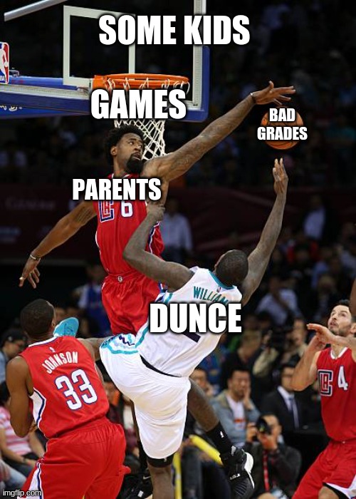 Basketball Denied | SOME KIDS; GAMES; BAD GRADES; PARENTS; DUNCE | image tagged in basketball denied | made w/ Imgflip meme maker