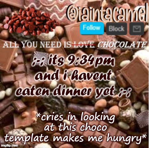 screeeeeeeeeeeeeeeeeeeeeeeeeeeee | ;-; its 9:34pm and i havent eaten dinner yet ;-;; *cries in looking at this choco template makes me hungry* | image tagged in iaintacamel | made w/ Imgflip meme maker