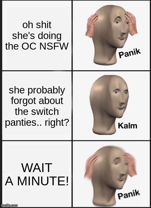 Panik Kalm Panik Meme | oh shit she's doing the OC NSFW she probably forgot about the switch panties.. right? WAIT A MINUTE! | image tagged in memes,panik kalm panik | made w/ Imgflip meme maker