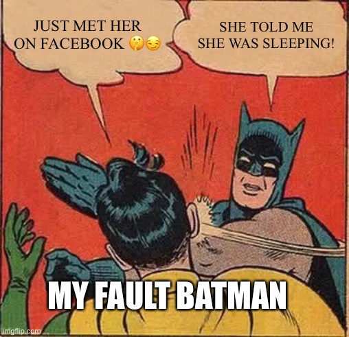 Lies | JUST MET HER ON FACEBOOK 🤫😏; SHE TOLD ME SHE WAS SLEEPING! MY FAULT BATMAN | image tagged in memes,batman slapping robin | made w/ Imgflip meme maker