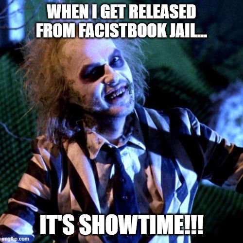 meme | WHEN I GET RELEASED FROM FACISTBOOK JAIL... IT'S SHOWTIME!!! | image tagged in anti-politics | made w/ Imgflip meme maker