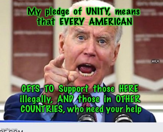 United with non-Americans | My  pledge  of  UNITY,  means 
that  EVERY  AMERICAN; MRA; GETS  TO  Support  those  HERE 
illegally,  AND  those  in  OTHER 
COUNTRIES, who need your help | image tagged in joe biden no malarkey,biden hates america,dems are marxists,-ower money control,they can all kma,buck fiden | made w/ Imgflip meme maker