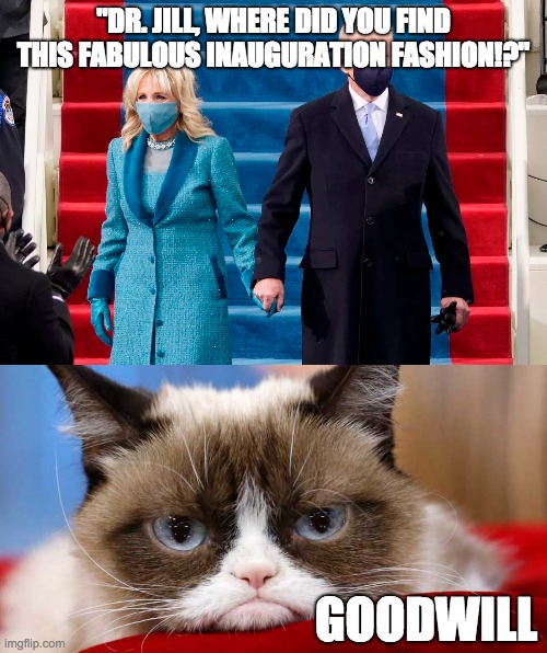 Grumpy Cat weighs in on Jill Biden inauguration fashion | "DR. JILL, WHERE DID YOU FIND THIS FABULOUS INAUGURATION FASHION!?"; GOODWILL | image tagged in funny memes,grumpy cat,biden,inauguration,fashion,memes | made w/ Imgflip meme maker