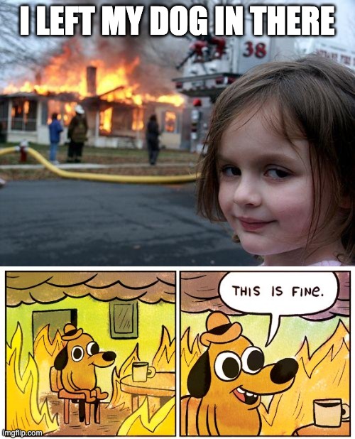 report or not idk | I LEFT MY DOG IN THERE | image tagged in memes,disaster girl,this is fine | made w/ Imgflip meme maker