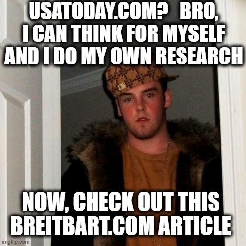 SMH | USATODAY.COM?   BRO, I CAN THINK FOR MYSELF AND I DO MY OWN RESEARCH; NOW, CHECK OUT THIS BREITBART.COM ARTICLE | image tagged in scumbag steve,breitbart | made w/ Imgflip meme maker