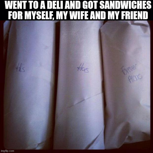  WENT TO A DELI AND GOT SANDWICHES FOR MYSELF, MY WIFE AND MY FRIEND | image tagged in insults | made w/ Imgflip meme maker