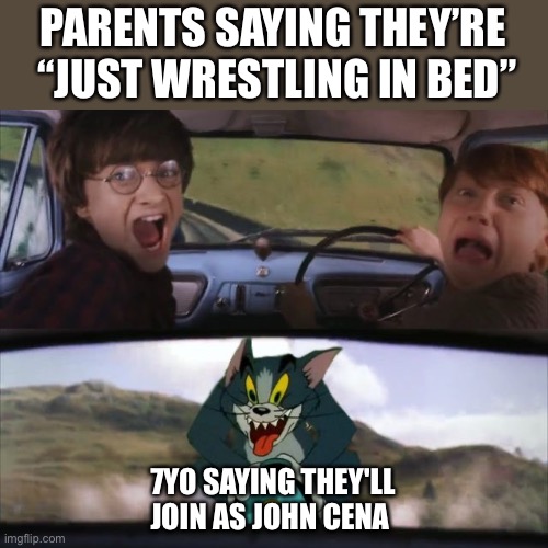 Tom chasing Harry and Ron Weasly | PARENTS SAYING THEY’RE  “JUST WRESTLING IN BED”; 7YO SAYING THEY'LL JOIN AS JOHN CENA | image tagged in tom chasing harry and ron weasly | made w/ Imgflip meme maker
