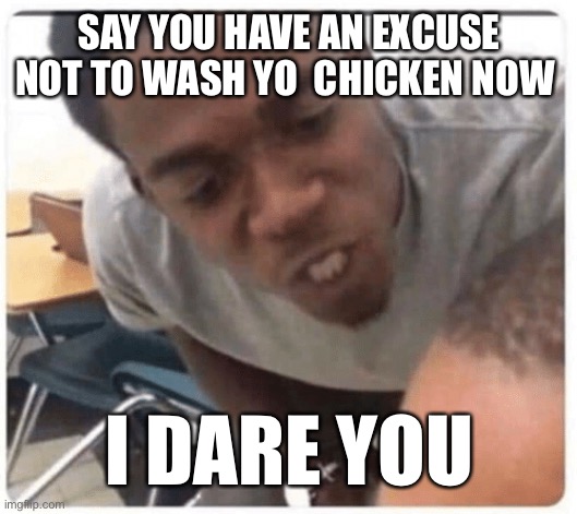 Shower in the kitchen. Wash Yo Chicken. | SAY YOU HAVE AN EXCUSE NOT TO WASH YO  CHICKEN NOW; I DARE YOU | image tagged in just say it | made w/ Imgflip meme maker