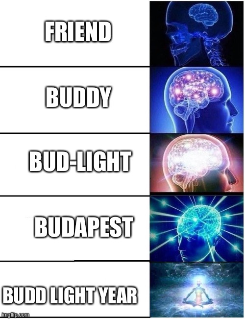 Me and my mates | FRIEND; BUDDY; BUD-LIGHT; BUDAPEST; BUDD LIGHT YEAR | image tagged in expanding brain 5 panel | made w/ Imgflip meme maker