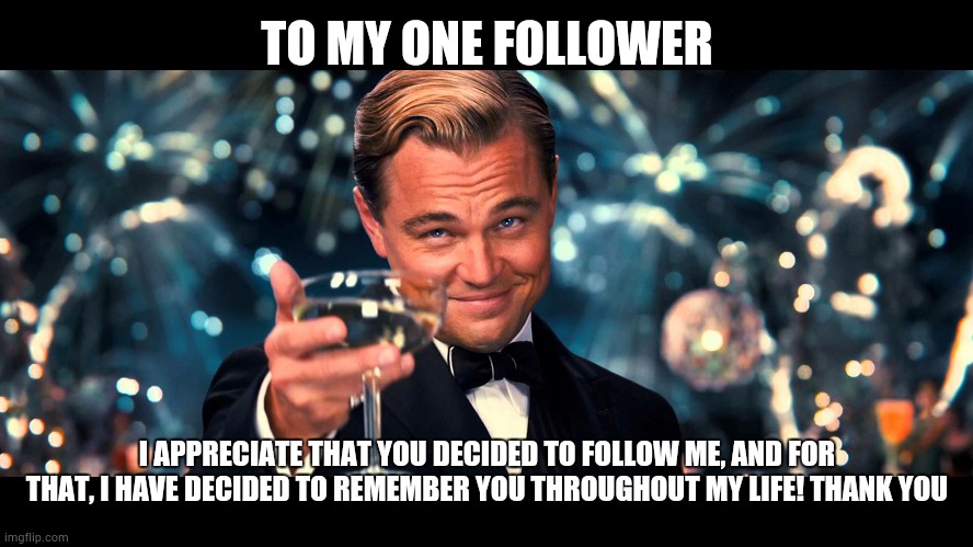 to my one follower | TO MY ONE FOLLOWER; I APPRECIATE THAT YOU DECIDED TO FOLLOW ME, AND FOR THAT, I HAVE DECIDED TO REMEMBER YOU THROUGHOUT MY LIFE! THANK YOU | image tagged in lionardo dicaprio thank you | made w/ Imgflip meme maker