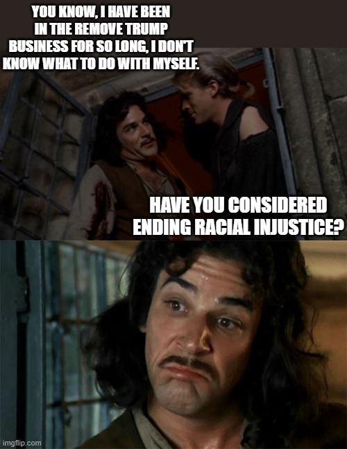 YOU KNOW, I HAVE BEEN IN THE REMOVE TRUMP BUSINESS FOR SO LONG, I DON'T KNOW WHAT TO DO WITH MYSELF. HAVE YOU CONSIDERED ENDING RACIAL INJUSTICE? | made w/ Imgflip meme maker