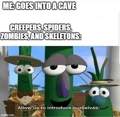 Allow us to introduce ourselves | ME: GOES INTO A CAVE; CREEPERS, SPIDERS, ZOMBIES, AND SKELETONS: | image tagged in allow us to introduce ourselves | made w/ Imgflip meme maker