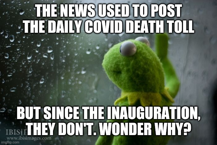 kermit window | THE NEWS USED TO POST THE DAILY COVID DEATH TOLL; BUT SINCE THE INAUGURATION, THEY DON'T. WONDER WHY? | image tagged in kermit window | made w/ Imgflip meme maker