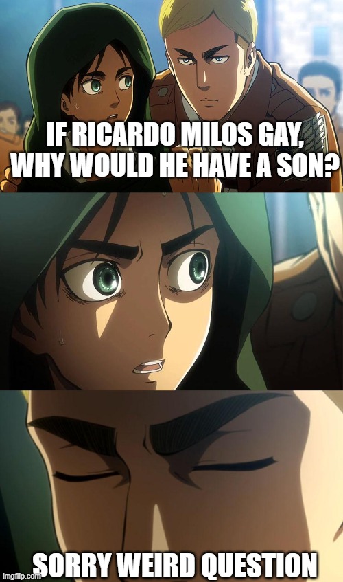 AOT | IF RICARDO MILOS GAY, WHY WOULD HE HAVE A SON? SORRY WEIRD QUESTION | image tagged in aot,ricardo milos | made w/ Imgflip meme maker